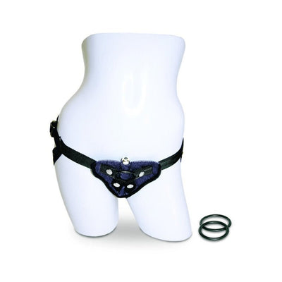 Black velvet adjustable strap-on harness displayed on a white mannequin torso with two interchangeable O-rings beside it.