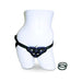 Black velvet adjustable strap-on harness displayed on a white mannequin torso with two interchangeable O-rings beside it.