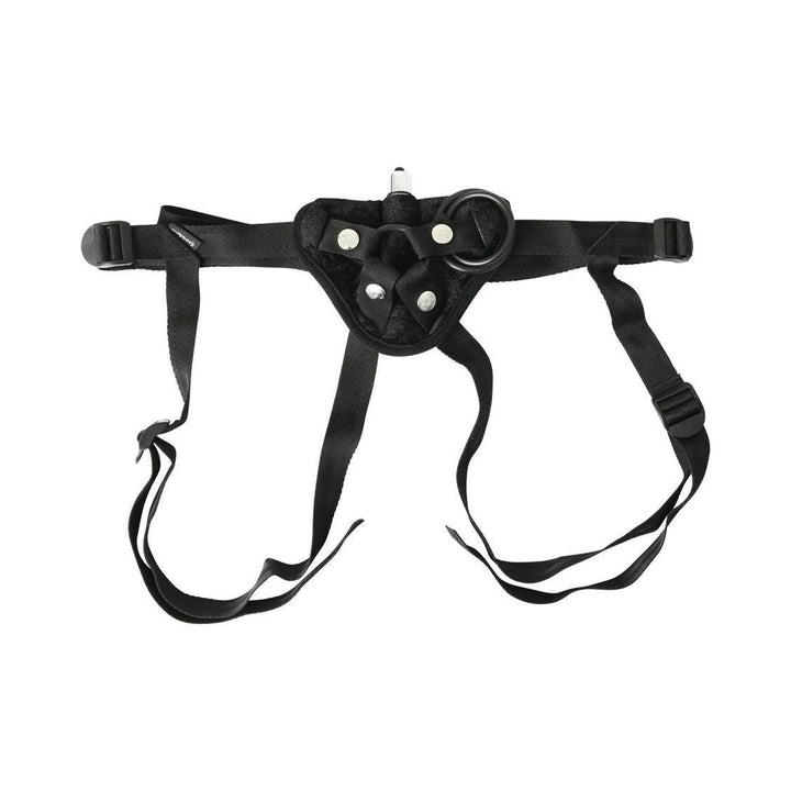 Black velvet strap-on harness with adjustable straps and interchangeable O-ring attachments.