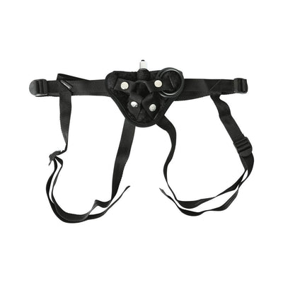 Black velvet strap-on harness with adjustable straps and interchangeable O-ring attachments.