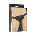 Packaging of Sportsheets Vibrating Black Velvet Strap-On harness showing adjustable black velvet straps and hardware details.