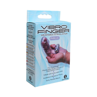 Packaging of Vibrofinger Phallic Finger Massager in purple, wearable stimulator with flexible sleeve and bullet vibrator.