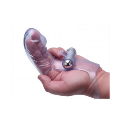 Hand holding a purple translucent ribbed finger massager with attached silver bullet vibrator and wrist strap.