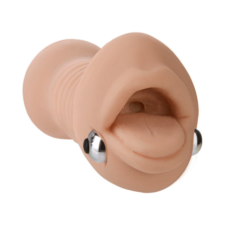 Realistic skin-toned silicone oral pleasure device with tongue detail and silver vibration beads on white background.