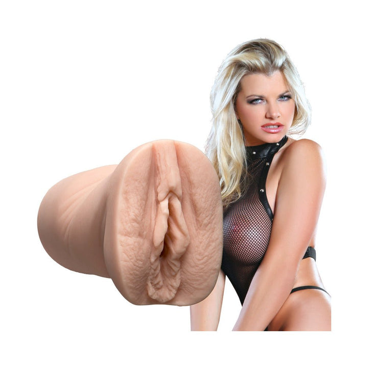 Vicky Vette Ultraskyn pocket pussy with lifelike texture displayed alongside a model in black mesh lingerie.