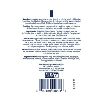 Back label of Viva Cream 2oz tube showing directions, caution, ingredients, and distributor information in English and French.