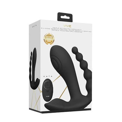 Packaging box of Vive Kata Double Pen Vibe in black with remote control shown on front and side views.