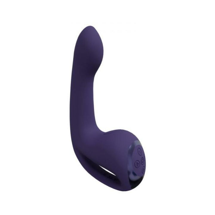 Purple rechargeable triple motor vibrator with ergonomic curved design and control buttons on the base.
