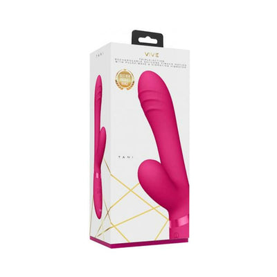 Packaging box of Vive Tani triple-motor rechargeable pink silicone vibrator with pulse-wave and finger motion features.