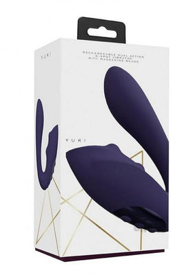 Packaging of the Vive Yuki rechargeable dual-action G-spot vibrator with massaging beads in deep purple color.