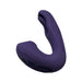Purple dual motor vibrator with curved design and control buttons, made of smooth silicone material.