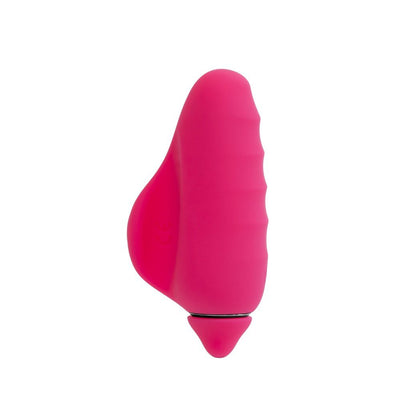 Pink rechargeable finger vibrator with textured silicone surface and ergonomic shape for easy grip.