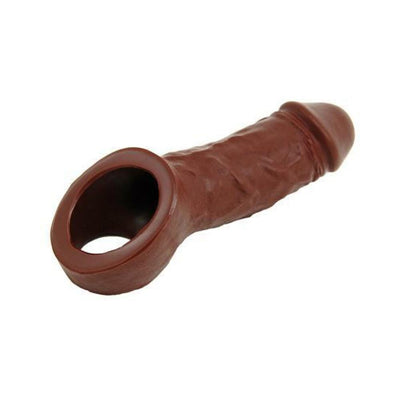 Chocolate-colored silicone holster extension with hollow design and testicle strap for added girth and length.
