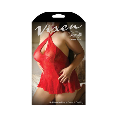 Red floral lace halter dress with matching G-string shown on a model, queen size packaging by Vixen.