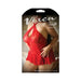 Red floral lace halter dress with matching G-string shown on a model, queen size packaging by Vixen.