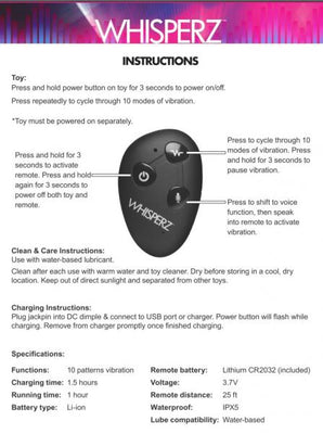 Instruction guide for Whisperz voice activated prostate plug remote control with button functions and care tips.