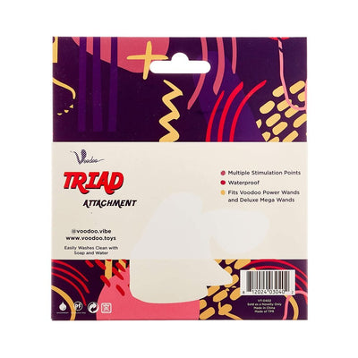 Packaging for Voodoo Triad Wand Attachment with colorful abstract design and product features listed on front.