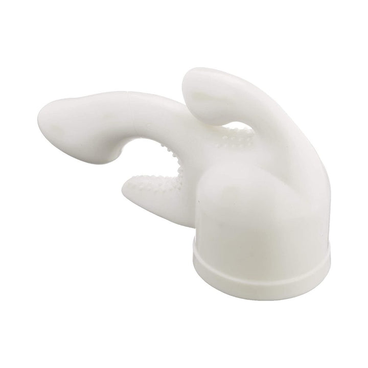White multi-point wand attachment with curved and textured design for enhanced stimulation, made from smooth thermoplastic rubber.