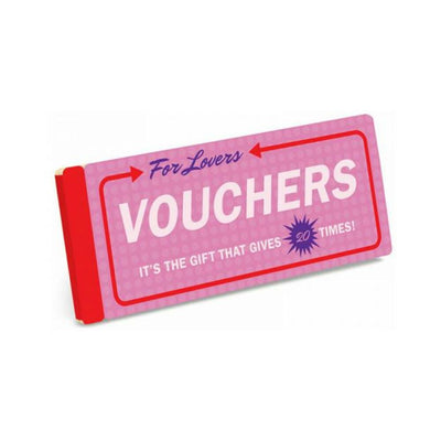 Pink and red booklet titled Vouchers For Lovers with 20 redeemable romantic gesture coupons inside.