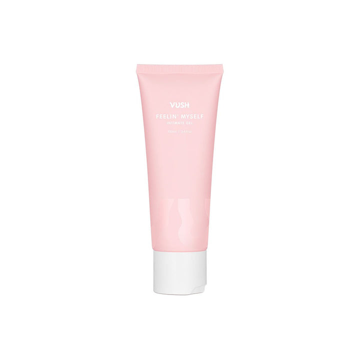 Tube of VUSH Feelin' Myself Intimate Gel in soft pink with white cap and minimalist white text design
