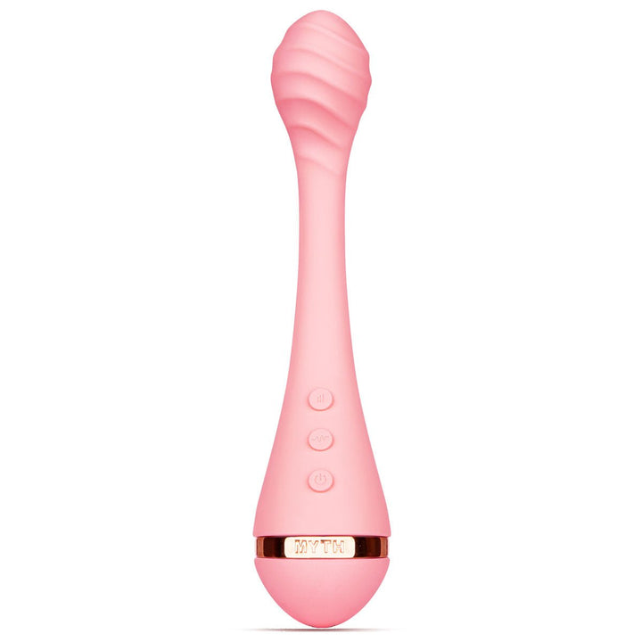 Pink VUSH Myth G-Spot vibrator with textured head, curved body, and three control buttons on handle.