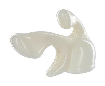White Tri-Gasm wand attachment with dual curved ends and textured clitoral nub, designed for use with a magic wand massager.