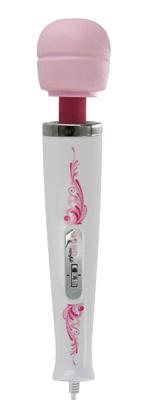 Pink and white wand massager with floral design and adjustable speed control switch.