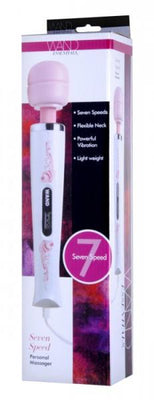 Seven-speed pink and white wand massager with flexible neck in retail packaging.