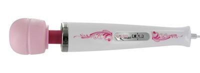 Pink and white wand massager with floral design and 7-speed control switch on handle, plugged in and ready to use.