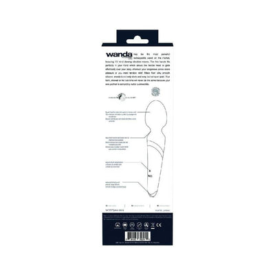 Packaging back view of Wanda Rechargeable Wand showing product features and specifications in black and white line art.
