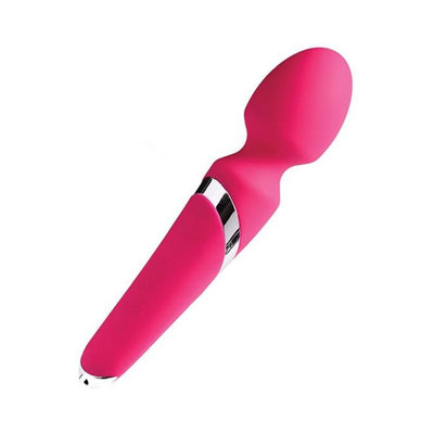 Pink rechargeable wand massager with flexible head and sleek silver accents on a white background.
