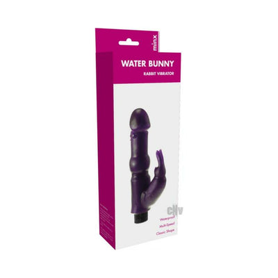 Purple Water Bunny rabbit vibrator shown in its pink and white retail packaging with product features listed.