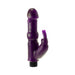 Purple dual-stimulation rabbit vibrator with flexible clitoral arm and textured shaft, featuring a black control dial base.