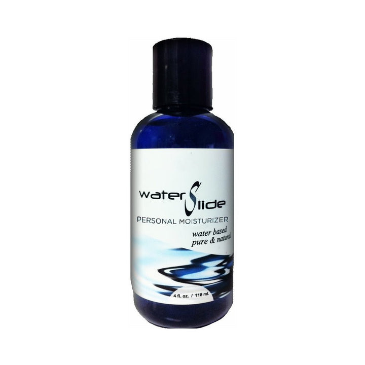 4oz blue bottle of Water Slide water-based personal moisturizer with white label and black cap