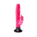 Pink jelly vibrator with suction cup base and attached clitoral stimulator shaped like a beaver.
