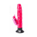 Pink vibrating dildo with suction cup base and attached clitoral stimulator in a sleek, realistic design.