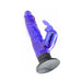 Purple translucent vibrator with suction cup base and clitoral stimulator attachment.