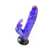 Purple translucent rabbit vibrator with suction cup base and textured shaft for targeted stimulation.