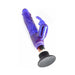 Purple waterproof vibrator with suction base and clitoral stimulator, showing battery compartment open with batteries inserted.