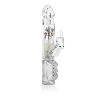 Transparent waterproof Jack Rabbit vibrator with rotating beads and rabbit-shaped clitoral stimulator.