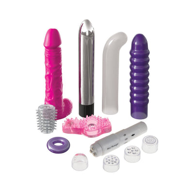 Waterproof Wet & Wild Pleasure Collection with various textured sleeves, mini massager, and rings in pink, purple, and silver tones.