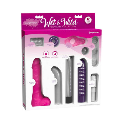 Wet & Wild Pleasure Collection 12-piece waterproof kit with dildo, massagers, sleeves, rings, and textured attachments in pink and purple tones.