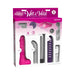 Wet & Wild Pleasure Collection 12-piece waterproof kit with dildo, massagers, sleeves, rings, and textured attachments in pink and purple tones.
