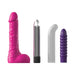 Set of four waterproof pleasure sleeves and vibrators in pink, silver, white, and purple with varied shapes and textures.