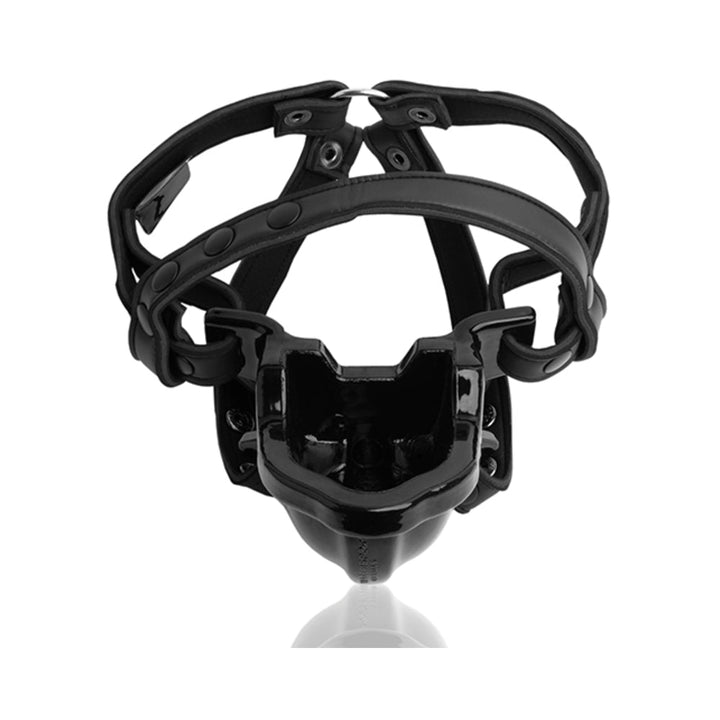 Black adjustable strap-on gag with integrated mouthpiece and secure neoprene straps.