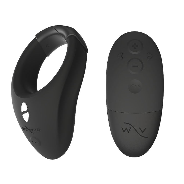 Charcoal black We-Vibe Bond wearable vibrating ring with matching remote control on white background.