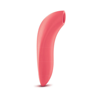 Pink curved clitoral suction stimulator with smooth silicone finish and rounded tip opening.
