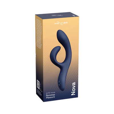 We-Vibe Nova 2 Midnight Blue dual stimulator with curved design shown on product packaging box.