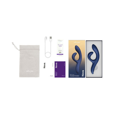 We-Vibe Nova 2 Midnight Blue vibrator with USB charger, storage pouch, lubricant sample, and user manuals in packaging.