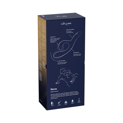 We-Vibe Nova 2 Midnight Blue vibrator packaging highlighting ergonomic design and key features with product illustration and usage icons.